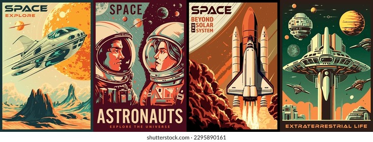 Space discovery colorful set posters with astronauts and futuristic spaceships or galactic cities on surface of moon vector illustration