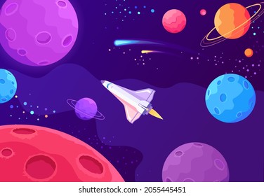 Ilustración vectorial colorida de descubrimiento espacial. Una nave espacial moderna vuela a nuevos planetas