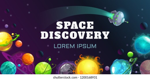 Space discovery concept illustration. Vector horizontal cosmic banner. Cartoon colorful fantasy planets on the night sky background.