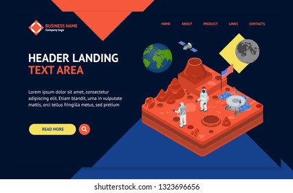 Space Discovery Concept Landing Web Page Template 3d Isometric View Astronaut with a Flag on Surface Moon. Vector illustration of Cosmic Mission or Expedition