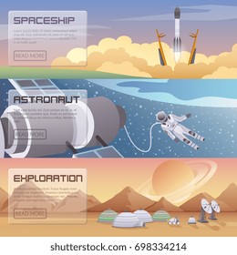 Space discovery horizontal banners with  spaceship start astronaut spacewalk and space exploration decorative compositions  flat vector illustration