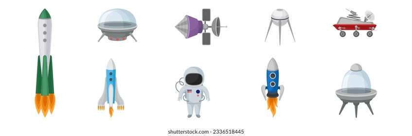 Space Discovery Object with Shuttle, Astronaut and Rocket for Universe Exploration Vector Set