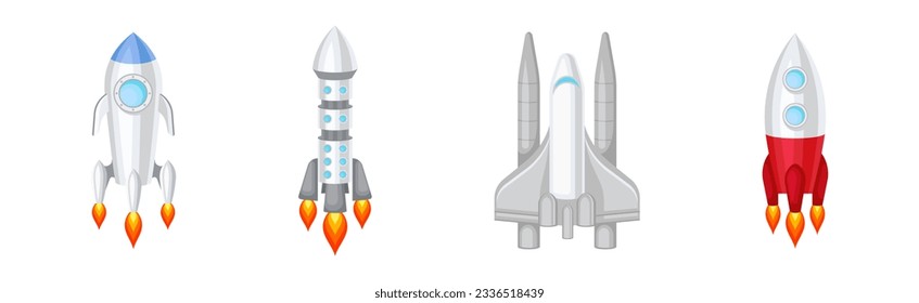 Space Discovery Object with Shuttle and Rocket for Universe Exploration Vector Set