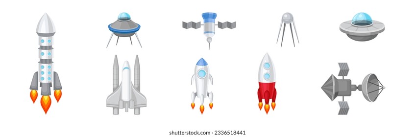 Space Discovery Object with Shuttle and Rocket for Universe Exploration Vector Set