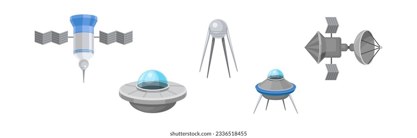 Space Discovery Object with Shuttle and Satellite for Universe Exploration Vector Set