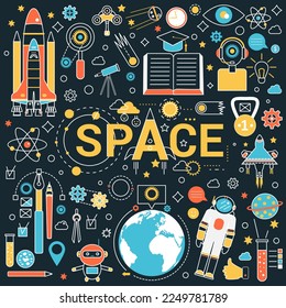 Space discovery science. Astronomy research, exploring solar system, spaceship craft vector illustration on black background