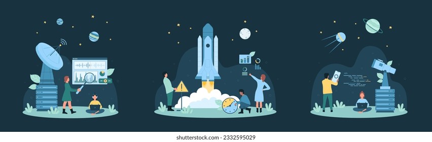 Space discovery, universe exploration set vector illustration. Cartoon tiny people discover stars and planets of galaxy with telescope and shuttle, connect to satellite to send speed messages