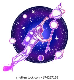 Space diver floats in space tattoo art. Symbol of science, research, travel. Diver catches planets in space 