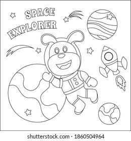 Space dog or astronaut in a space suit with cartoon style. Creative vector Childish design for kids activity colouring book or page.