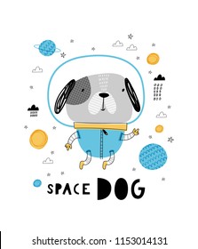 Space dog. Card template with cute dog. Hand drawn graphic for typography poster, card, label, brochure, flyer, page, banner, baby wear, nursery. Vector illustration in blue and yellow. 