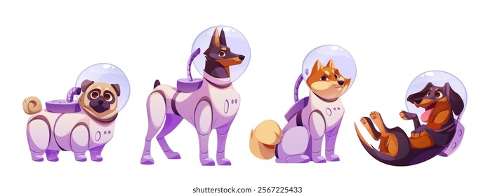 Space dog character set in protective suits - cartoon pug, doberman, shiba inu and dachshund wearing purple astronaut gear with transparent helmets. Cute cosmic pets for science fiction game design.