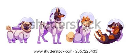 Space dog character set in protective suits - cartoon pug, doberman, shiba inu and dachshund wearing purple astronaut gear with transparent helmets. Cute cosmic pets for science fiction game design.
