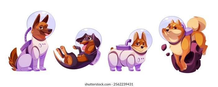 Space dog characters set - cartoon canine astronauts wearing cosmic suits and transparent helmets, floating in zero gravity. Childish pet cosmonaut in spacesuit for game mascots or children book.