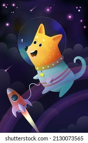 Space dog in cosmos with a rocket, stars clouds and rainbow. Funny and cute dog astronaut, baby animal for kids in outer space, pet fantasy adventure greeting card. Puppy in cosmos vector design.