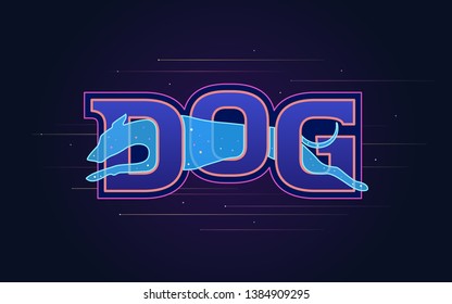 Space dog logo design. Artistic animal translucent silhouette jumping through the neon letters in front of abstract stars.