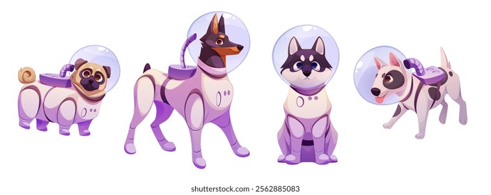 Space dog mascot set - cartoon pug, doberman, husky and bull terrier wearing astronaut suits with protective bubble helmets and life support systems. Cute characters for intergalactic exploration.