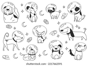 Space dog puppy astronaut cosmonaut universe travel line art doodle style abstract concept. Vector graphic design element illustration