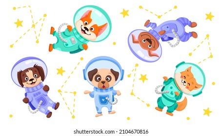 Space dog team in suits   helmets  Universe and pet cosmonauts for childrens print  nursery designs  perfect for kids room  fabric  wrapping  wallpaper  textile  Vector cartoon illustration
