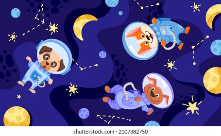Space dog team in suits   helmets  Universe and cosmonauts for childrens print  nursery designs  perfect for kids room  fabric  wrapping  wallpaper  textile  Vector cartoon illustration
