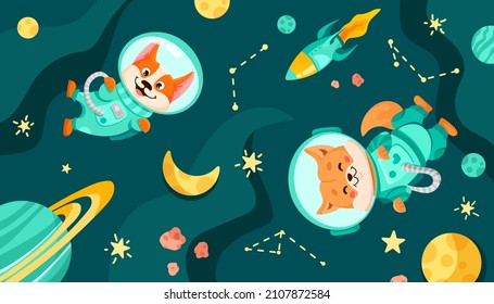 Space dog team in suits   helmets  Universe and cosmonauts for childrens print  nursery designs  perfect for kids room  fabric  wrapping  wallpaper  textile  Vector cartoon illustration