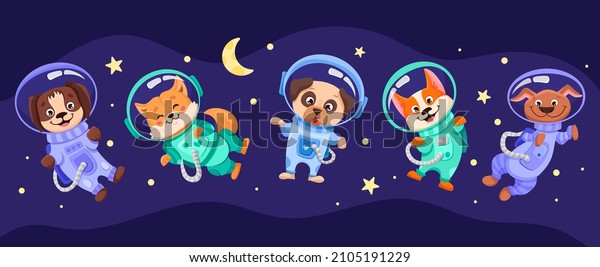 Space dog team in suits and helmets.
Universe with cosmonauts for childrens print, nursery designs,
perfect for kids room, fabric, wrapping, wallpaper, textile. Vector
cartoon illustration