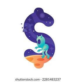 Space Dollar Sign as Currency Unit with Alien and Starry Sky Vector Illustration