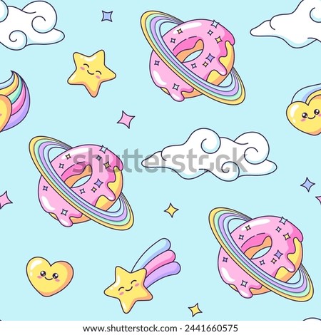 Space donut, doughnut planet with rainbow rings seamless pattern, background. Cute cartoon drawing, vector illustration with stars, hearts and clouds