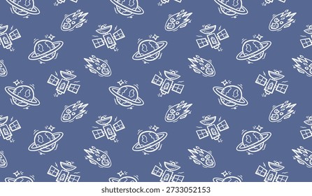 Fundo de doodle espacial. Planeta de doodle e fundo de padrão de meteoro. Satélite sem emenda padrão de fundo. Espaço exterior mão desenhada sem costura padrão papel de parede.