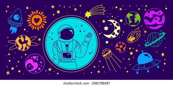 Space doodle bright set. Astronomical hand drawn planets, rocket, comet and stars, sun, constellations and astronaut. Retro style children spacecraft and celestial bodies, astronomy multicolor vector