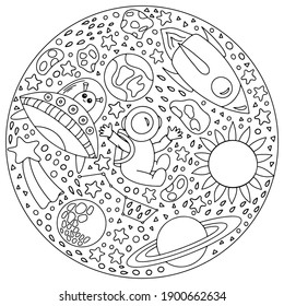 Space doodle. Coloring in a circle. Cosmonautics Day. Hand drawn space elements. Space, astronaut, rocket, planets, sun, stars, flying saucer. Illustration for children. Vector.