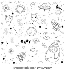 Space Doodle for coloring, Scientific Vector clip art illustration.