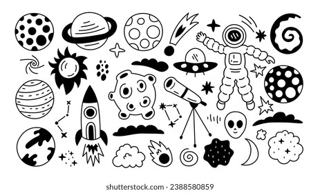 Design-Elemente für Raumdoodle-Designelemente. Schwarze handgezeichnete Kunstobjekte Sammlung mit Kosmonaut, Astronaut, Alien, Rakete, Planeten und Sternen. Chilenische Vektorgrafik