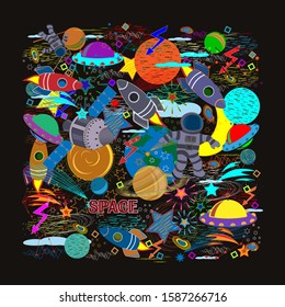 space in Doodle design style, planets, technique and stars, colorful, background black