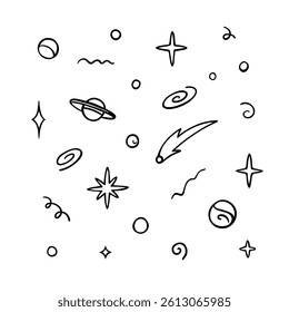Elementos de rabiscar espaço. Ilustração vetorial de contorno bonito de planetas, galáxia, estrelas, cometa no fundo branco. Desenho a tinta esboços cósmicos para folhetos, banners, cartão e design de cartaz.