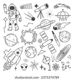 Space doodle elements. Solar system planets, astronaut and rockets. Isolated astronomy objects, celestial graphic clipart. Neoteric vector collection
