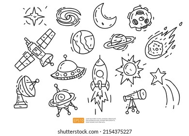 Space doodle icon illustration set. Cosmos Hand drawn Vector