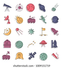 Space doodle icons vector set. Collection of space objects with astrunaut, planet and moon isolated on white background.