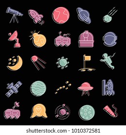 Space doodle icons vector set. Collection of space objects with astrunaut, planet and moon isolated on black background.