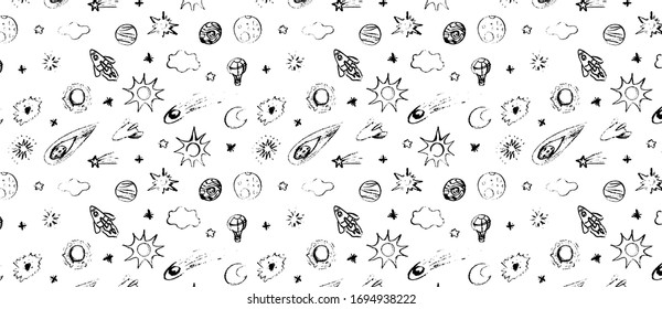  Space doodle illustration. pattern with cartoon space rockets, planets, stars, comet, air ballon