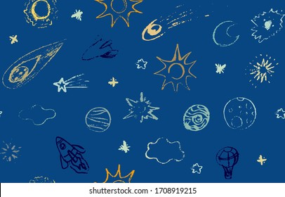  Space doodle illustration. pattern with cartoon space rockets, planets, stars, comet, air ballon