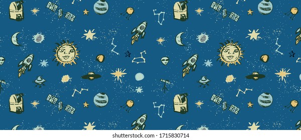  Space doodle illustration. pattern with cartoon planets, stars, comet, air ballon, telescope. Hand drawn vector