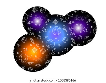 Space doodle illustration, planet, rocket in a luminous background.