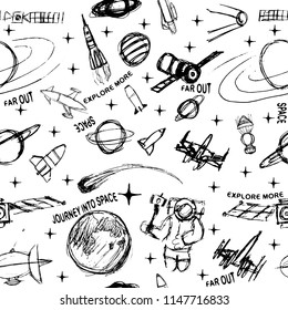  Space doodle illustration. Vector illustration. pattern with cartoon space rockets, planets, stars, slogans