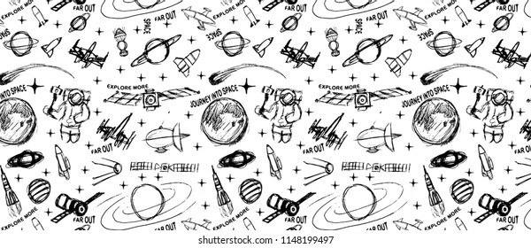 Space doodle illustration. Vector illustration. pattern with cartoon space rockets, planets, stars, slogans