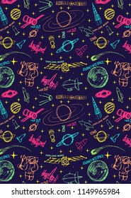 Space doodle illustration. Vector illustration. pattern with cartoon space rockets, planets, stars, slogans