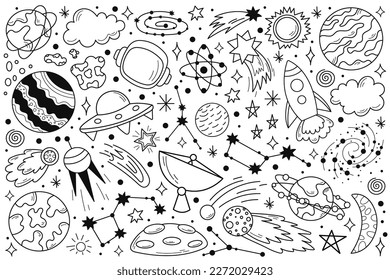 Iconos lineales del doodle espacial. Diferentes elementos espaciales. Planeta, nave espacial, astronauta, constelación, estrellas y asteroide. Astronomía. Ilustraciones aisladas de color