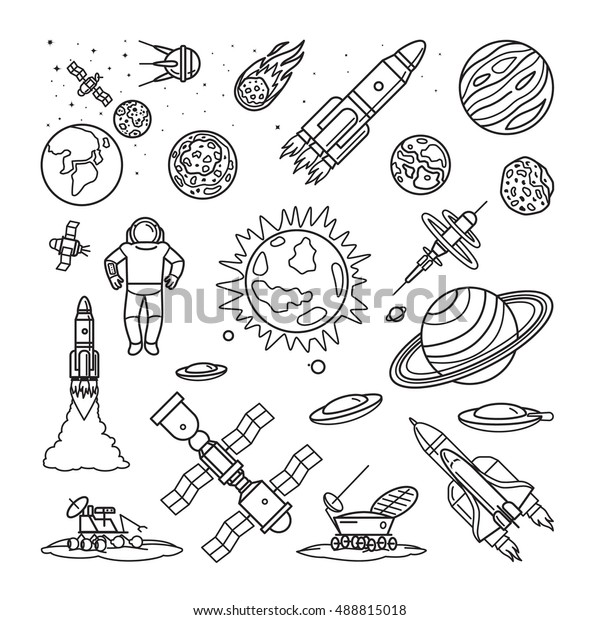 Space doodle linear icons.\
Vector planets, rockets, earth and astronaut cartoon hand drawn\
signs