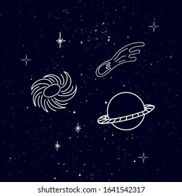 Space doodle objects against a dark starry sky. Comet, planet, black hole, on a galaxy sparks background