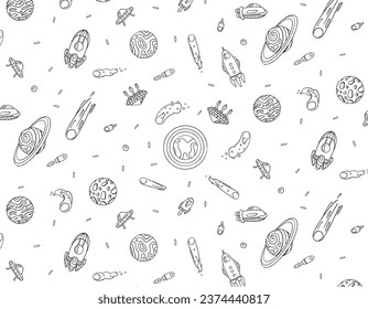 Space doodle pattern for children, planets and stars, Design on a transparent background. Vector graphics for textile print. sky in space