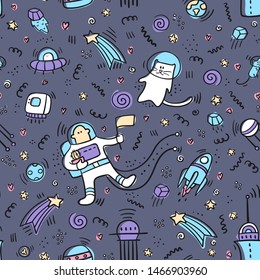 Space doodle pattern. Pattern of space objects and symbols on dark background. Planets and ships. Astronaut doodle. Vector universe texture for textile, wrapping, linen, fabric and other surfaces. 

